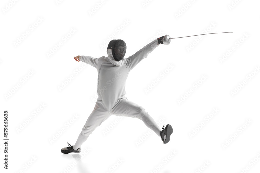 Professional male fencer in fencing costume training with sword isolated on white studio background. Concept of sport, competition, professional skills, achievements Professional male fencer in fencing costume training with sword isolated on white studio background. Concept of sport, competition, professional skills, achievements
