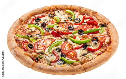 Delicious vegetarian pizza with tomatoes, mushrooms, mozzarella, peppers and olives, cut out