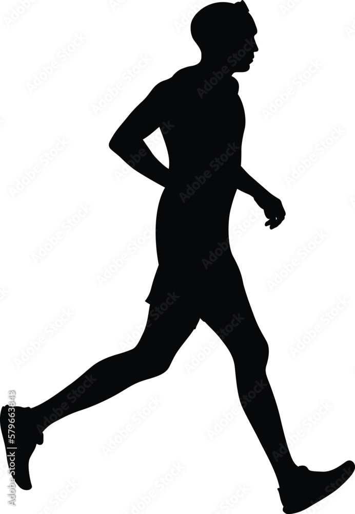 runner athlete running side view black silhouette on white background, sports vector illustration