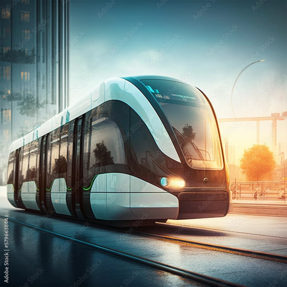 In a futuristic city, urban mobility of the future includes trams, metros, and subways. AI