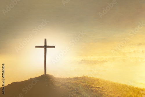 Christian Easter. Shining cross in clouds on golden sky. Ascension day concept. Faith in Jesus Christ. Christianity. Church worship, salvation concept. Gate to heaven. Eternal life of soul