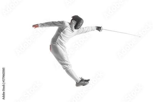 Professional male fencer in fencing costume training with sword isolated on white studio background. Concept of sport, competition, professional skills, achievements © Lustre