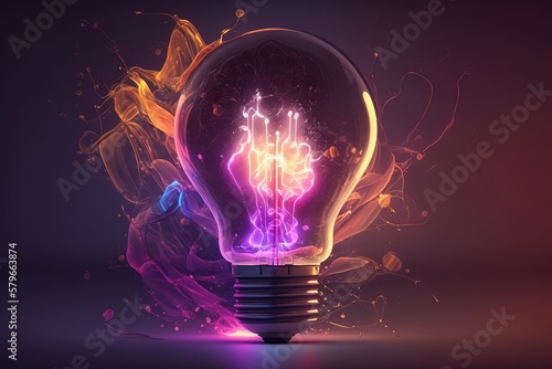 Light bulb with neon lights, abstract glowing background, digital illustration. Generative AI