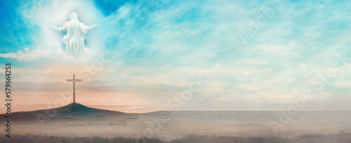 Εκτύπωση καμβά Jesus Christ in clouds of heaven over cross - ascension Christ return