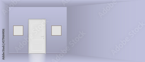The interior of an empty room with a door and a painting.
Free space for copying, 3d vector image.