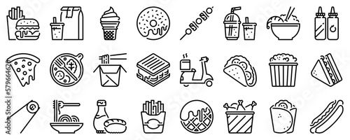 Line icons about fast food on transparent background with editable stroke.