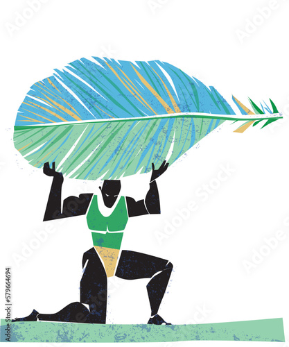 bodybuilder lifts a feather, unnecessary effort of force, concept illustration
