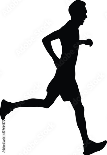 runner athlete run down slope from mountain black silhouette on white background, sports vector illustration