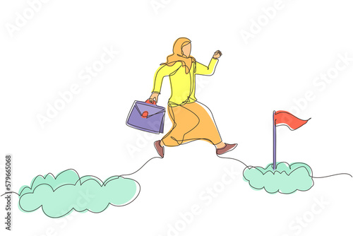 Single continuous line drawing Arabic woman sitting on cloud reading book. Businesswoman. Teacher. Marketer. Director. Chief. Financier. Higher education. Career growth. One line graphic design vector © Simple Line