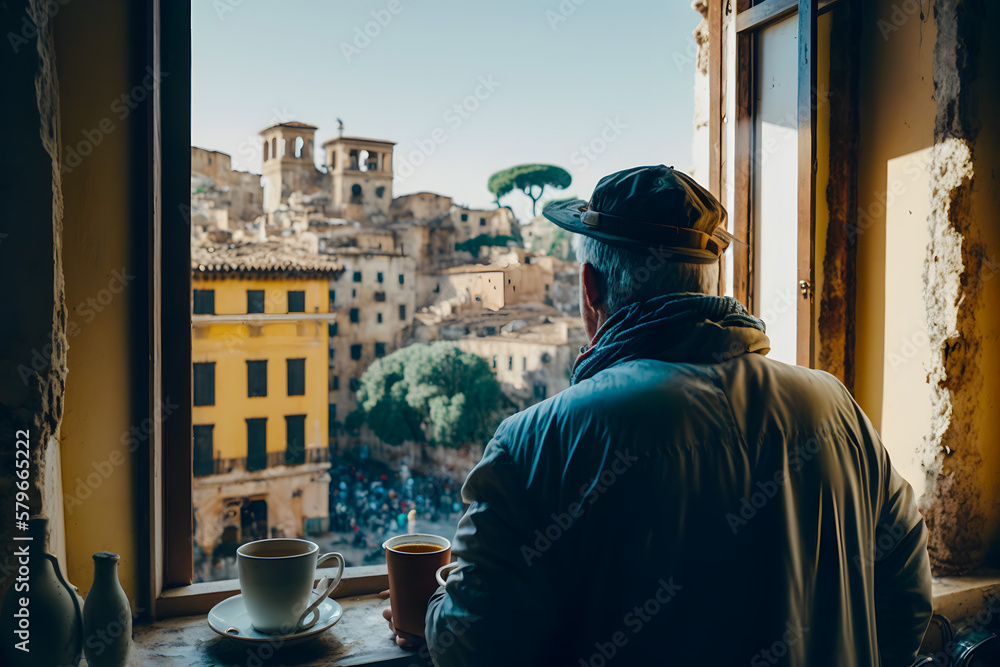 Man old traveler drinking morning cup coffee overlooking the city Rome, Italy. Ruins of the Roman Forum from an open hotel window. Generative AI