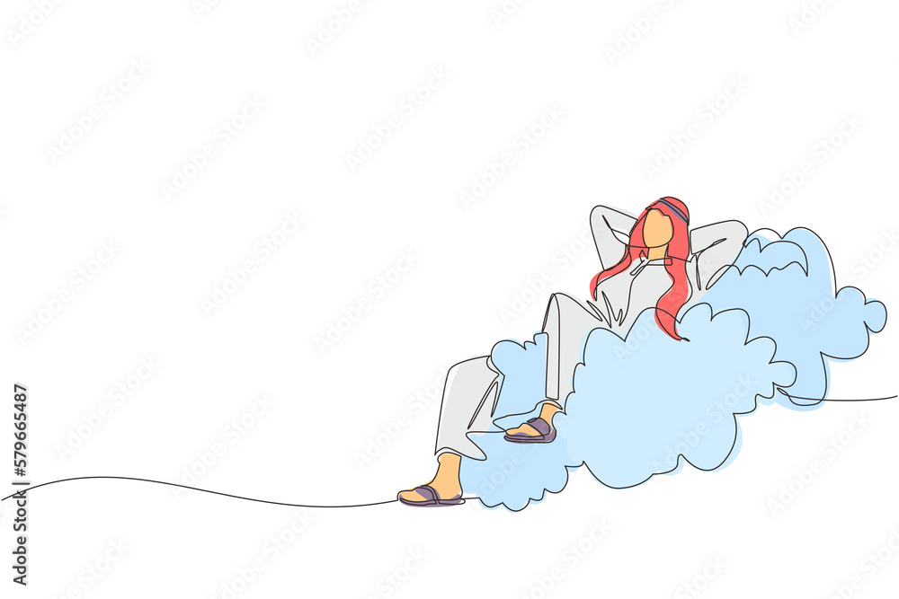Single one line drawing relaxed and successful happy Arabian businessman relaxing laying on clouds. Break, vacation, coffee time and relaxation. Continuous line draw design graphic vector illustration Single one line drawing relaxed and successful happy Arabian businessman relaxing laying on clouds. Break, vacation, coffee time and relaxation. Continuous line draw design graphic vector illustration