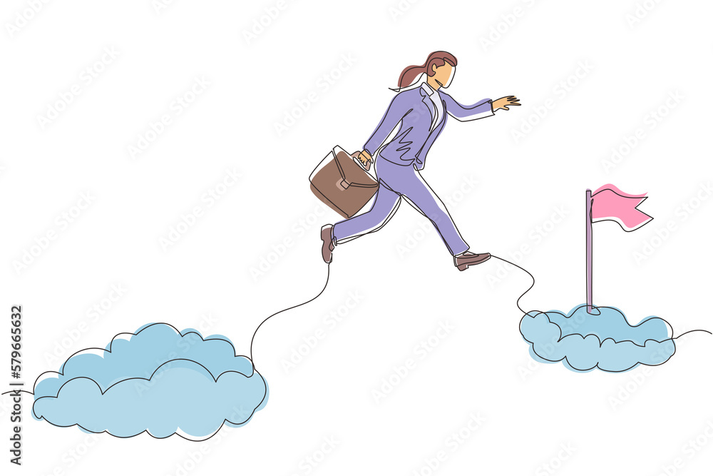 Single one line drawing fearless brave businesswoman make risk by jump over clouds to reach her success target or flag. Challenge of her career. Continuous line draw design graphic vector illustration