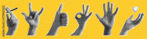 Collage element with hands and cutout shape. Vintage vector set. Retro halftone effect