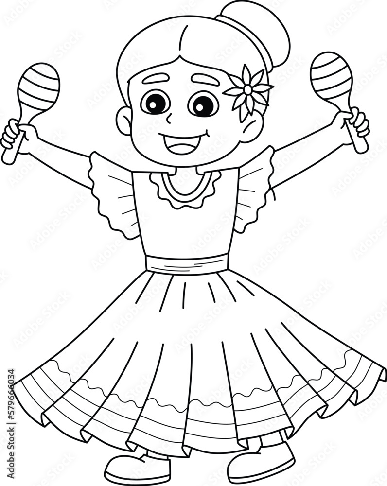 Mexican Girl With Maracas Isolated Coloring Page Stock Vector Adobe Stock