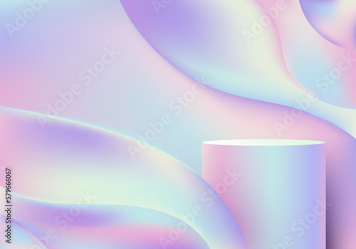 Abstract modern product display. 3D pastel color podium stand with liquid or fluid dynamic shapes holographic background