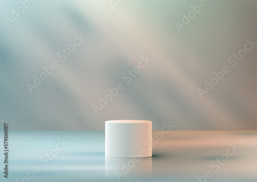 3D realistic white podium platform stand with leaf shadow natural light on minimal wall scene blue background