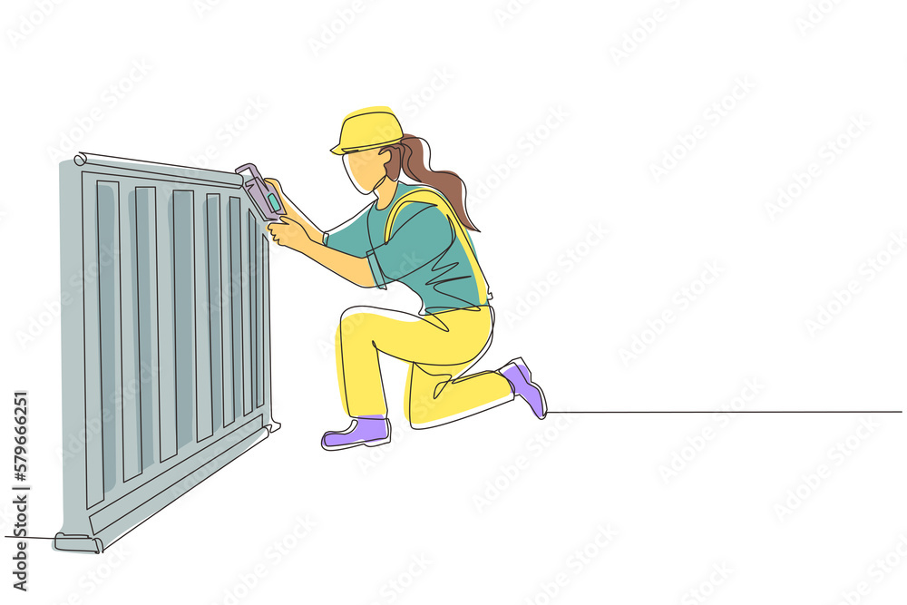 Obraz premium Single continuous line drawing plumber repair and installation of batteries. Repairwoman fixing pipes in heater battery radiator. Repair, maintenance professional service. One line draw design vector