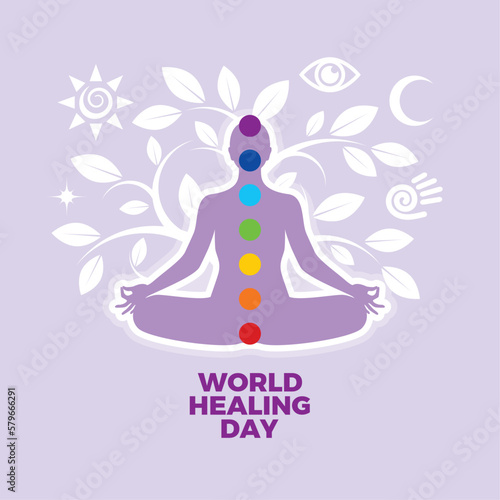 World Healing Day vector illustration. Woman with aura sitting in yoga pose silhouette. Meditating person with chakras graphic design element. Alternative medicine vector. Esoteric symbol icon set