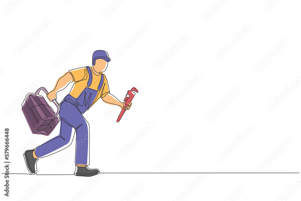 Obraz premium Continuous one line drawing mechanic repairman worker with tools is running. Technical service. Plumber with monkey wrench and toolbox run forward. Single line draw design vector graphic illustration