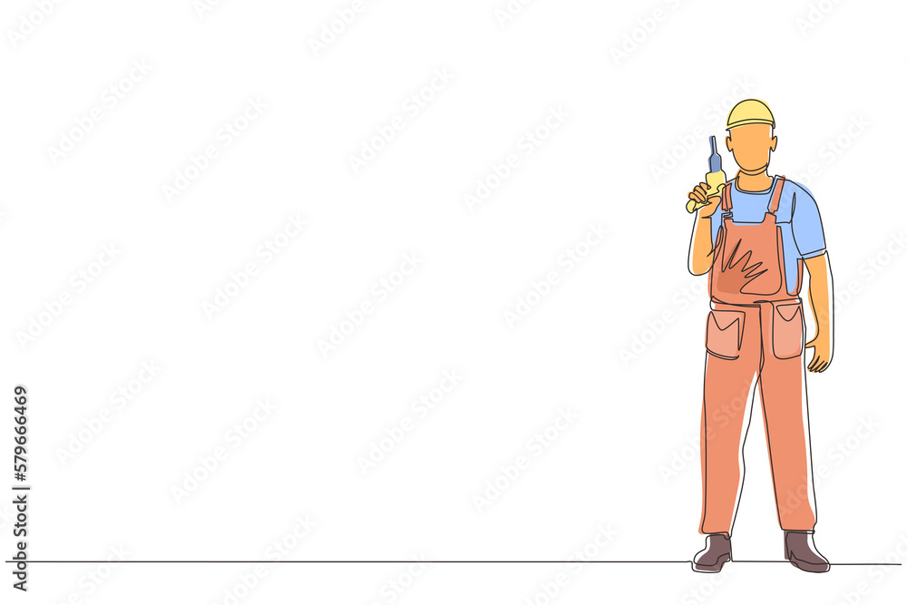 Single continuous line drawing man worker holding electric drill tool for repair. Builder in uniform. Handyman in overalls. Repairman with instrument. One line draw graphic design vector illuatration Single continuous line drawing man worker holding electric drill tool for repair. Builder in uniform. Handyman in overalls. Repairman with instrument. One line draw graphic design vector illuatration
