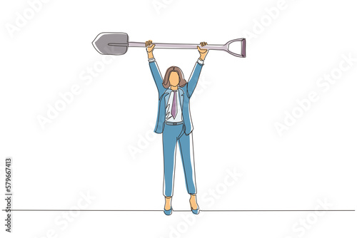 Single one line drawing businesswoman standing and lifting big shovel. Business concept. Depicts hard work, success, achievement, and discovery. Continuous line draw design graphic vector illustration