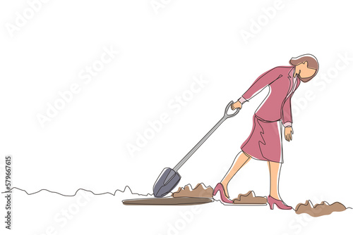 Continuous one line drawing businesswoman walking unsteadily leaving hole dug dragging shovel. Woman digs in tunnel trying to get to goal. She gave up, stopped trying. Single line draw design vector