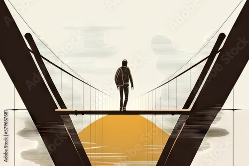 A man walking across a bridge maintaining his balance with difficulty striving to overcome his fears of anxiety. Art painting.. AI generation.