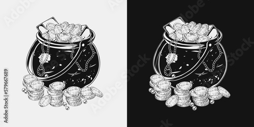 Cast iron pot full of gold coins, ingots, pearls, chains in vintage style. Detailed monochrome vector illustration for Patricks day, treasure hunt, adventure.