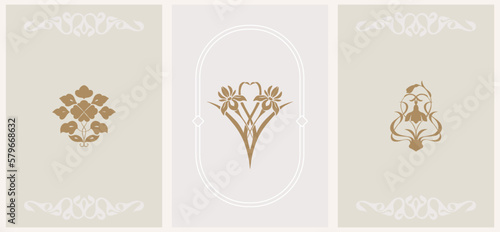 Abstract logo template with ancient floral ornaments. Modern minimal set of linear icons and emblems for social media, accommodation rental and travel services.