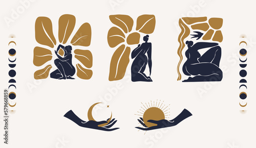 Flower market print by female figures. Abstract floral vector illustration. Flower market poster concept template perfect for postcards, wall art, banners, etc.