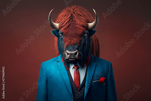 A Bison in a Red Suit, A Creative Valentine's Day Stock Image of Animals in Red Suit. Generative AI 