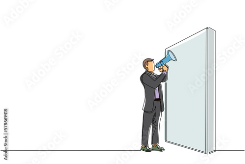 Continuous one line drawing businessman holding megaphone standing in front of wall. Man shouts on megaphone. Leader announces career promotions. Single line draw design vector graphic illustration