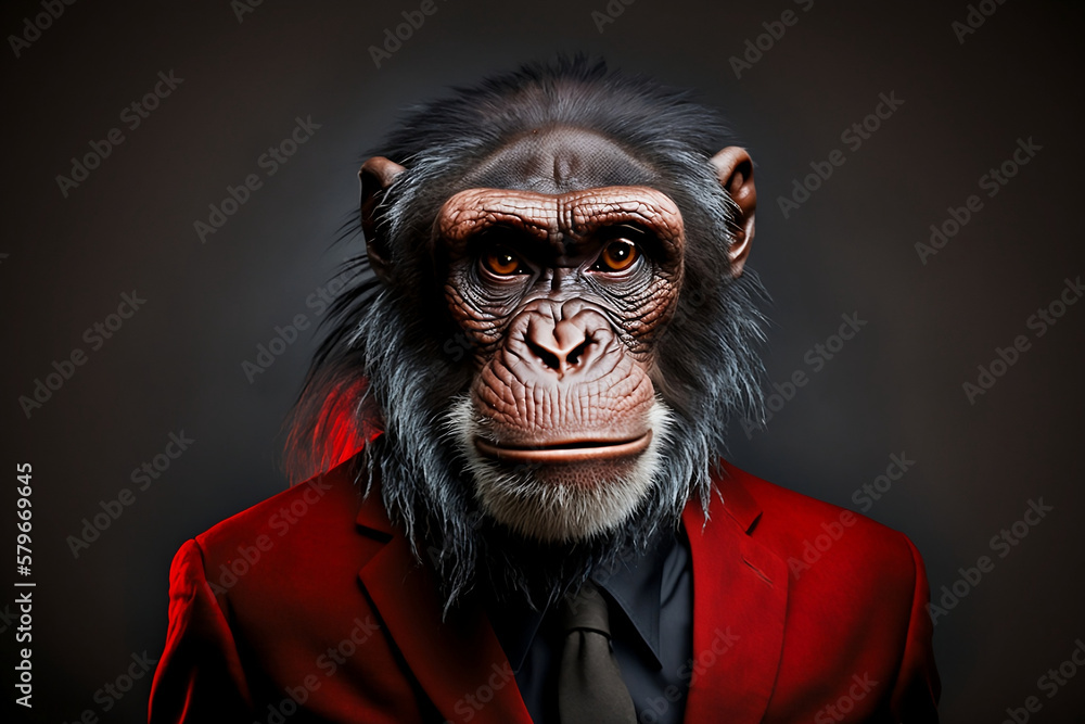 A Chimpanzee in a Red Suit, A Creative Valentine's Day Stock Image of Animals in Red Suit. Generative AI A Chimpanzee in a Red Suit, A Creative Valentine's Day Stock Image of Animals in Red Suit. Generative AI