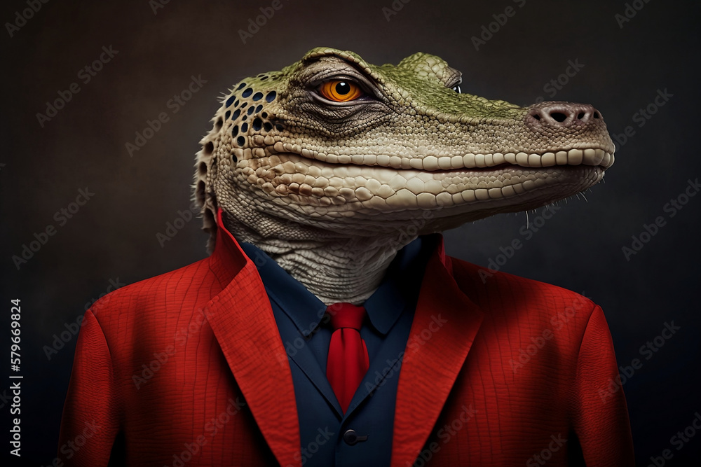 A Crocodile in a Red Suit, A Creative Valentine's Day Stock Image of Animals in Red Suit. Generative AI 