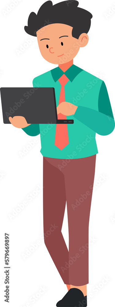 Businessman character holding laptop computer illustration