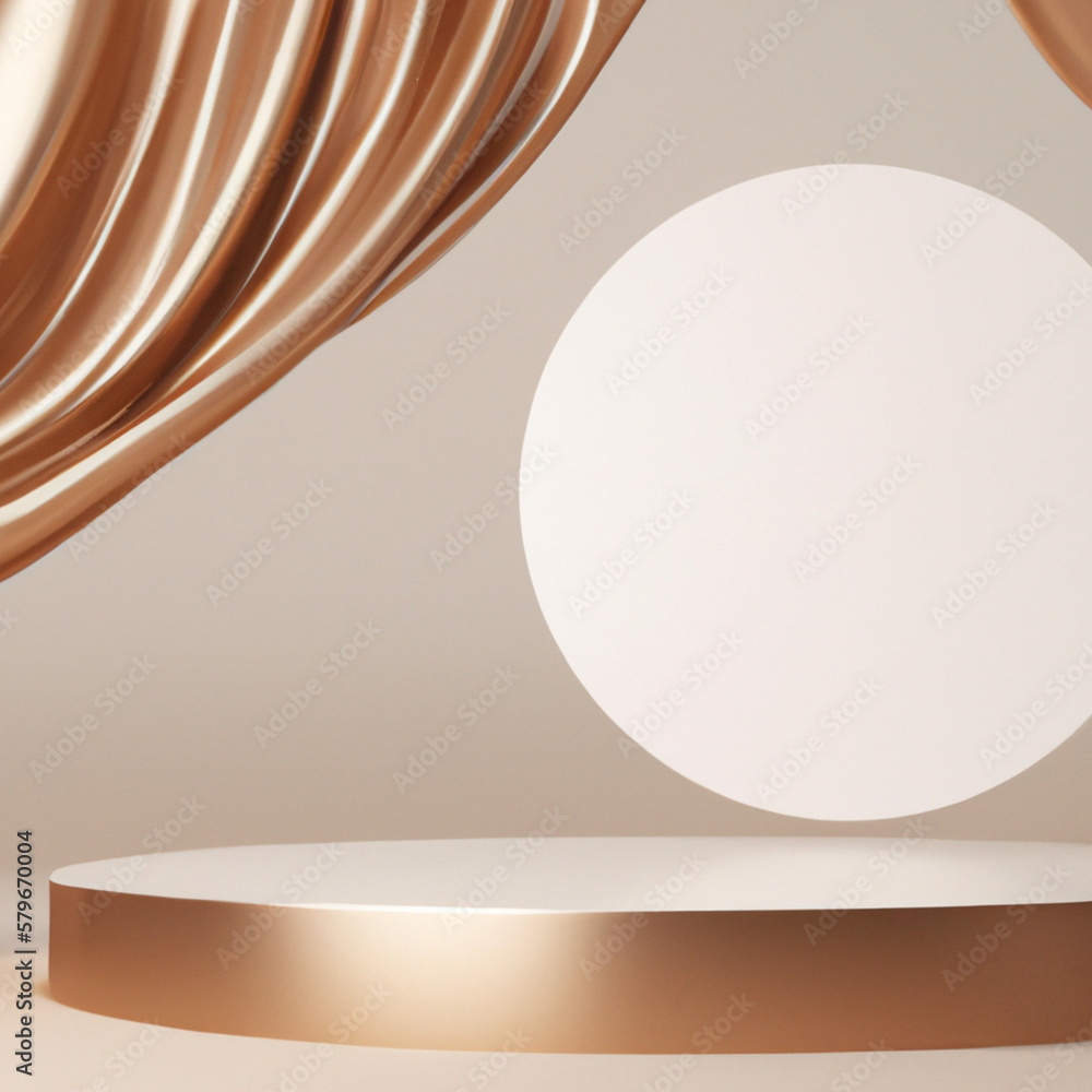 Arrière-plan 3D. Podium beige, or, bronze. Maquette d'affichage. Drap de soie doré, bronzé en mouvement. Cadre rond, miroir. Beauté, produit, présentation cosmétique. Arrière-plan 3D. Podium beige, or, bronze. Maquette d'affichage. Drap de soie doré, bronzé en mouvement. Cadre rond, miroir. Beauté, produit, présentation cosmétique.