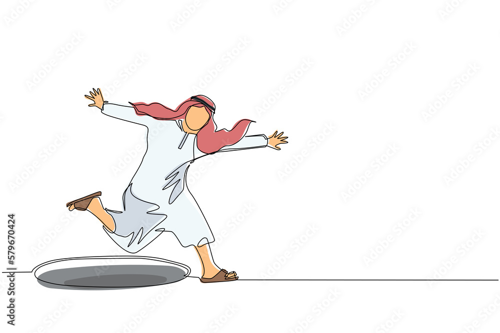 Obraz premium Continuous one line drawing Arabian businessman jumping through the hole, metaphor to facing big problem. Business struggles. Strength for success. Single line draw design vector graphic illustration
