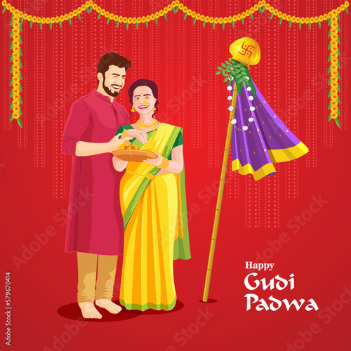 easy to edit vector illustration of Gudhi Padwa ( Lunar New Year ) spring festival for traditional New Year for Marathi and Konkani Hindus celebrated in Maharashtra and Goa