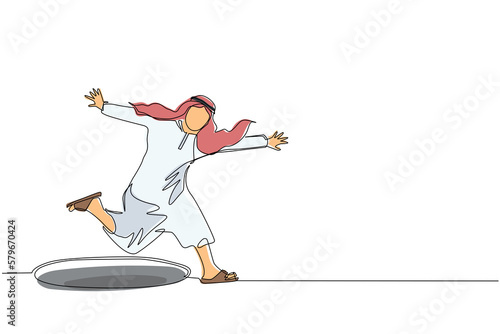 Continuous one line drawing Arabian businessman jumping through the hole, metaphor to facing big problem. Business struggles. Strength for success. Single line draw design vector graphic illustration © Simple Line