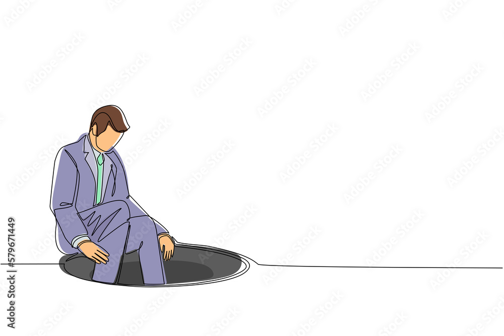 Single one line drawing businessman descends into the hole. Concept of failure to take advantage of business opportunities. Depressed and business failure concept. Continuous line draw design vector