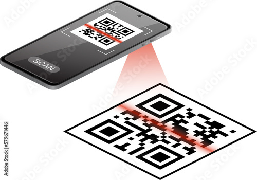 Scanning QR code to Mobile Phone isometric. QRcode frame and scanning phone. Scan me phone tag. Template for mobile app, payment, smartphone, pda, mobile phone. Electronic, barcode, digital technology