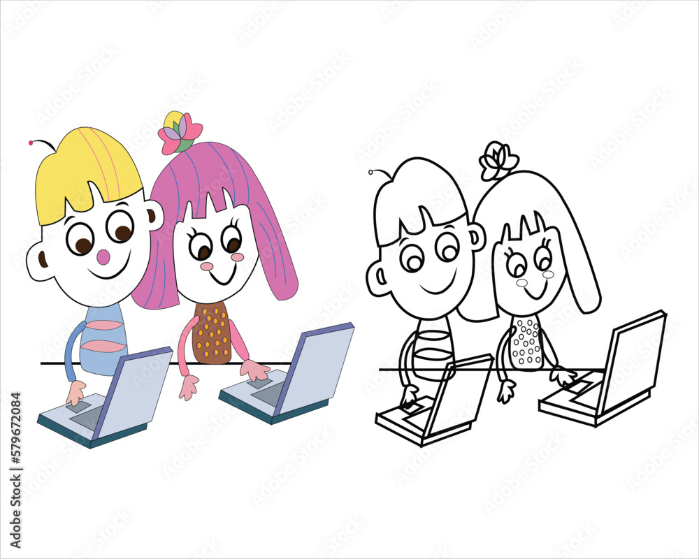 Vector man and woman working on computer flat style cartoon illustration art. Vector man and woman working on computer flat style cartoon illustration art.
