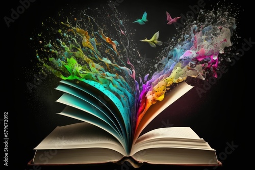 Open book with colors and butterflies flying out. Generative AI.