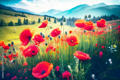 Illustration of blooming field of red poppy on a sunny day. Generative AI
