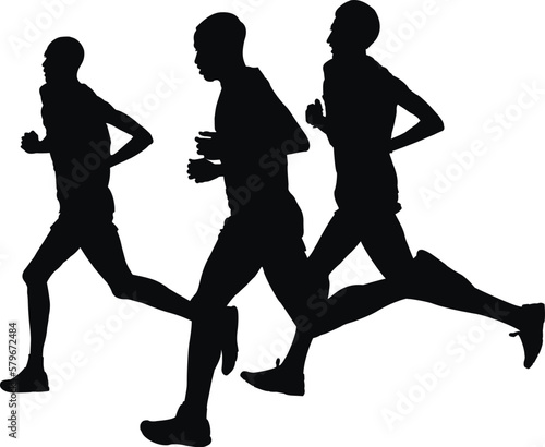 international group male runners from Kenya and Europe running marathon, black silhouette on white background, vector illustration, summer olympic games
