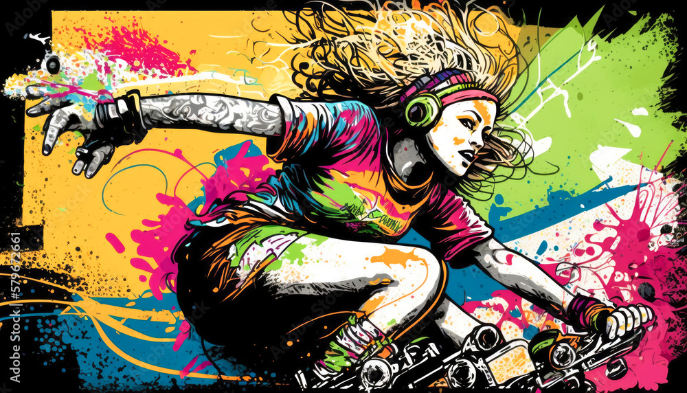 Street skater on a skateboard in a graffiti painting with action and paint splashes Street skater on a skateboard in a graffiti painting with action and paint splashes