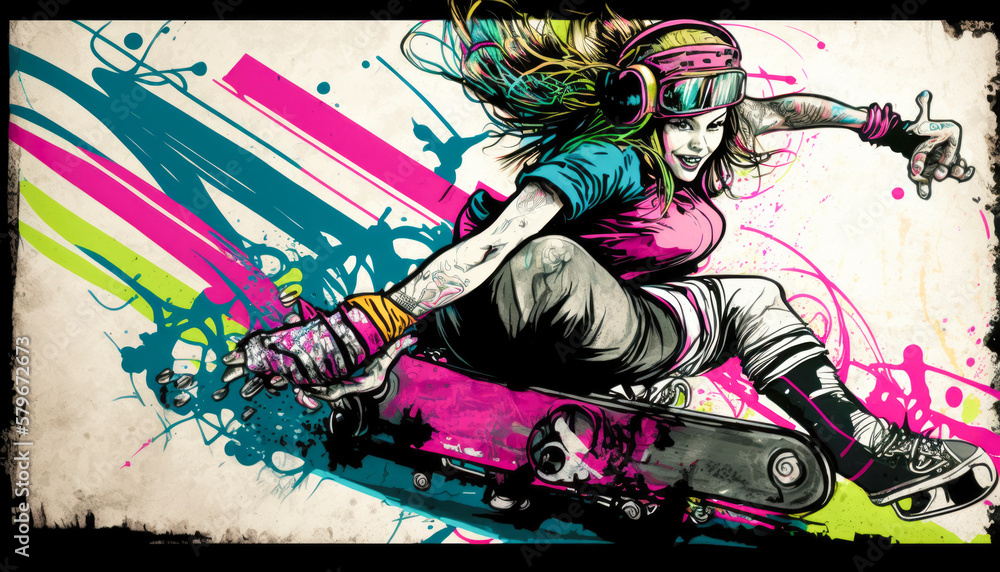 Street skater on a skateboard in a graffiti painting with action and paint splashes Street skater on a skateboard in a graffiti painting with action and paint splashes