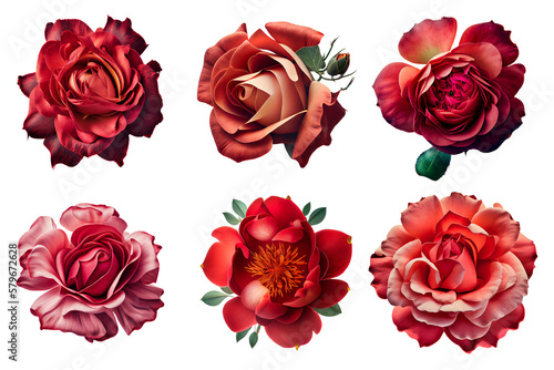 Assorted pink red roses on transparent PNG background. Flatlay top view of rose flowers. Created with Generative AI. 