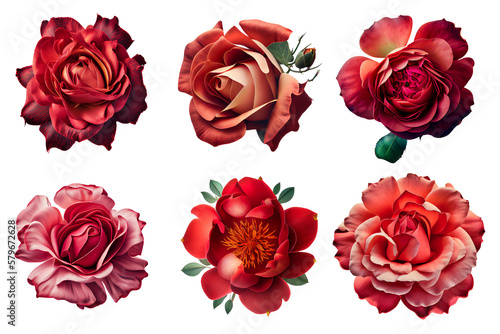 Fototapeta Naklejka Na Ścianę i Meble -  Assorted pink red roses on transparent PNG background. Flatlay top view of rose flowers. Created with Generative AI.	