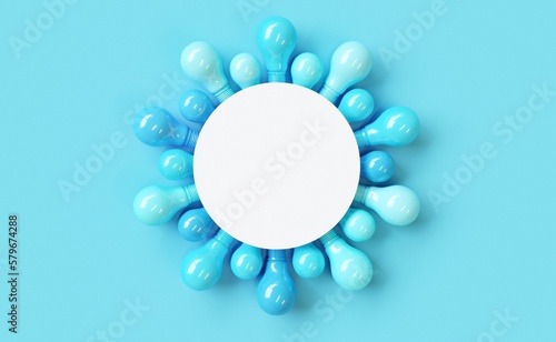 Creative layout made with colorful  Light bulb blue shades color. Minimal pastel blue background. Copy space paper card backdrop. 3D Render